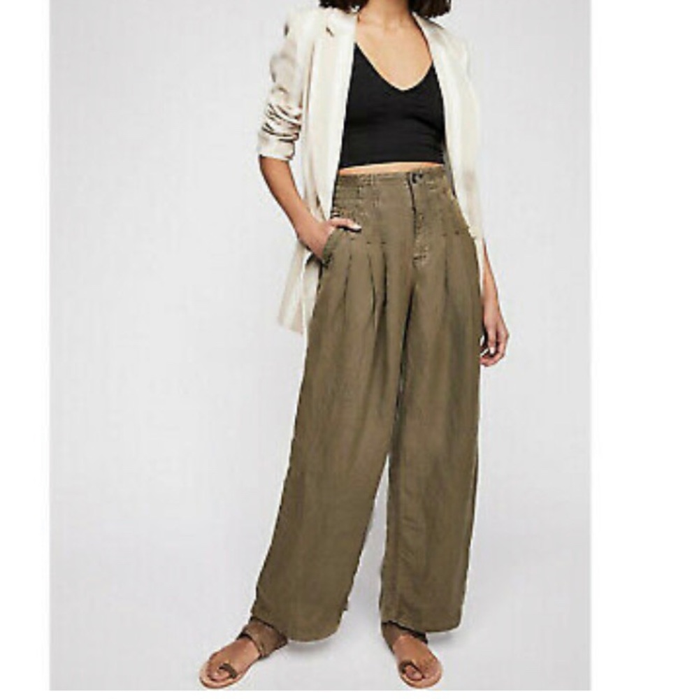 Free People Olive Green Linen Trouser Wide Leg
